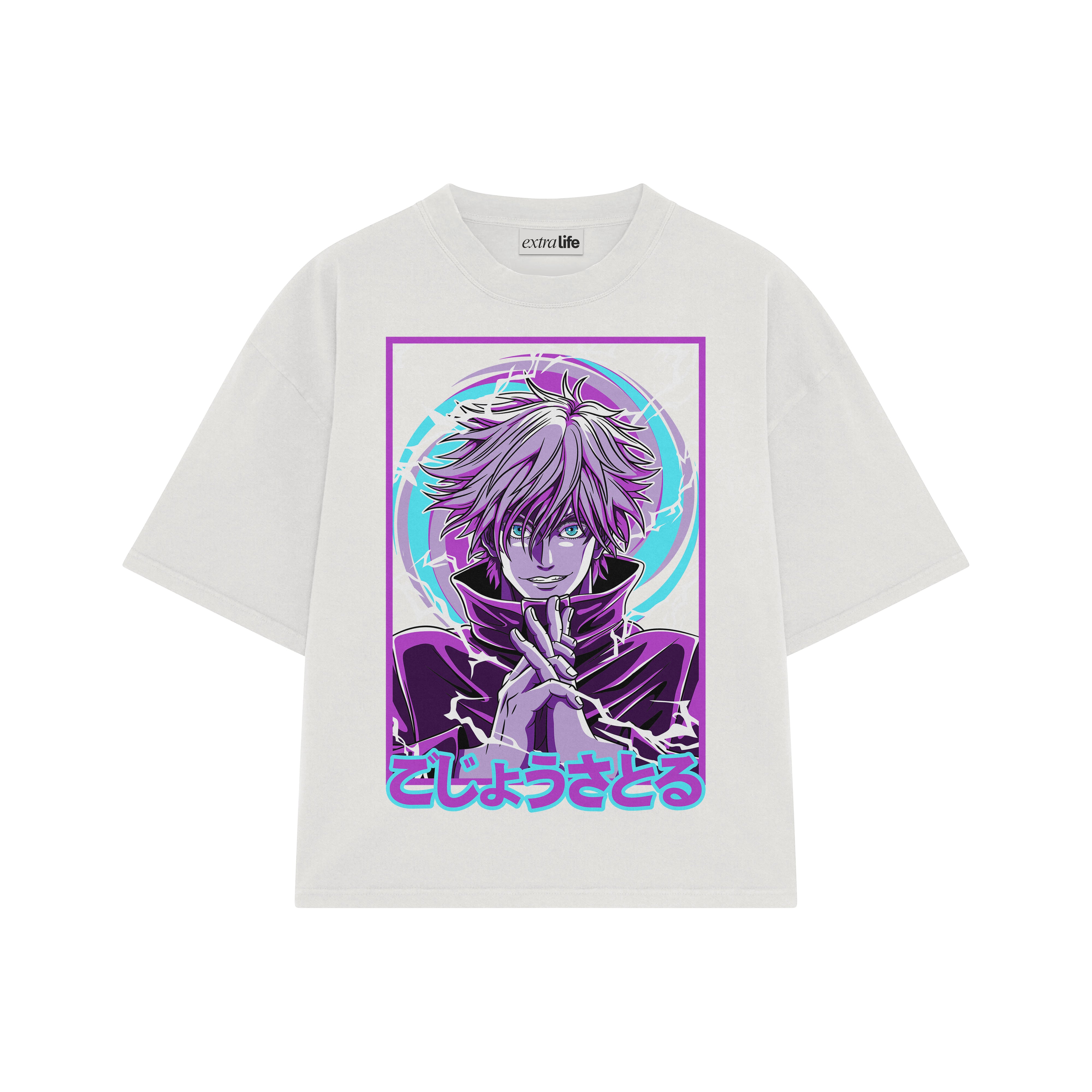 Playera streetwear premium de anime y gaming ExtraLife MX, corte boxy oversized drop shoulder heavyweight en color Deep Black y Off-White, moda urbana mexicana de culto.