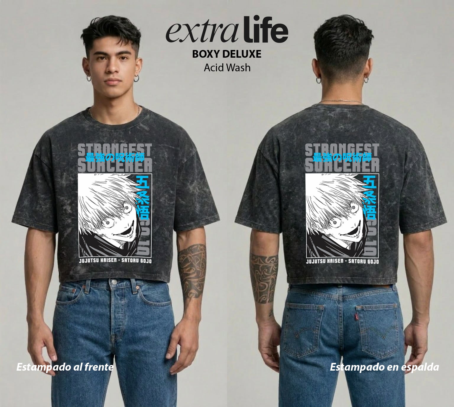 Playera streetwear premium de anime y gaming ExtraLife MX, corte boxy deluxe mineral wash heavyweight en color Acid Wash, moda urbana mexicana de culto.