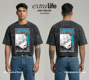 Playera streetwear premium de anime y gaming ExtraLife MX, corte boxy deluxe mineral wash heavyweight en color Acid Wash, moda urbana mexicana de culto.