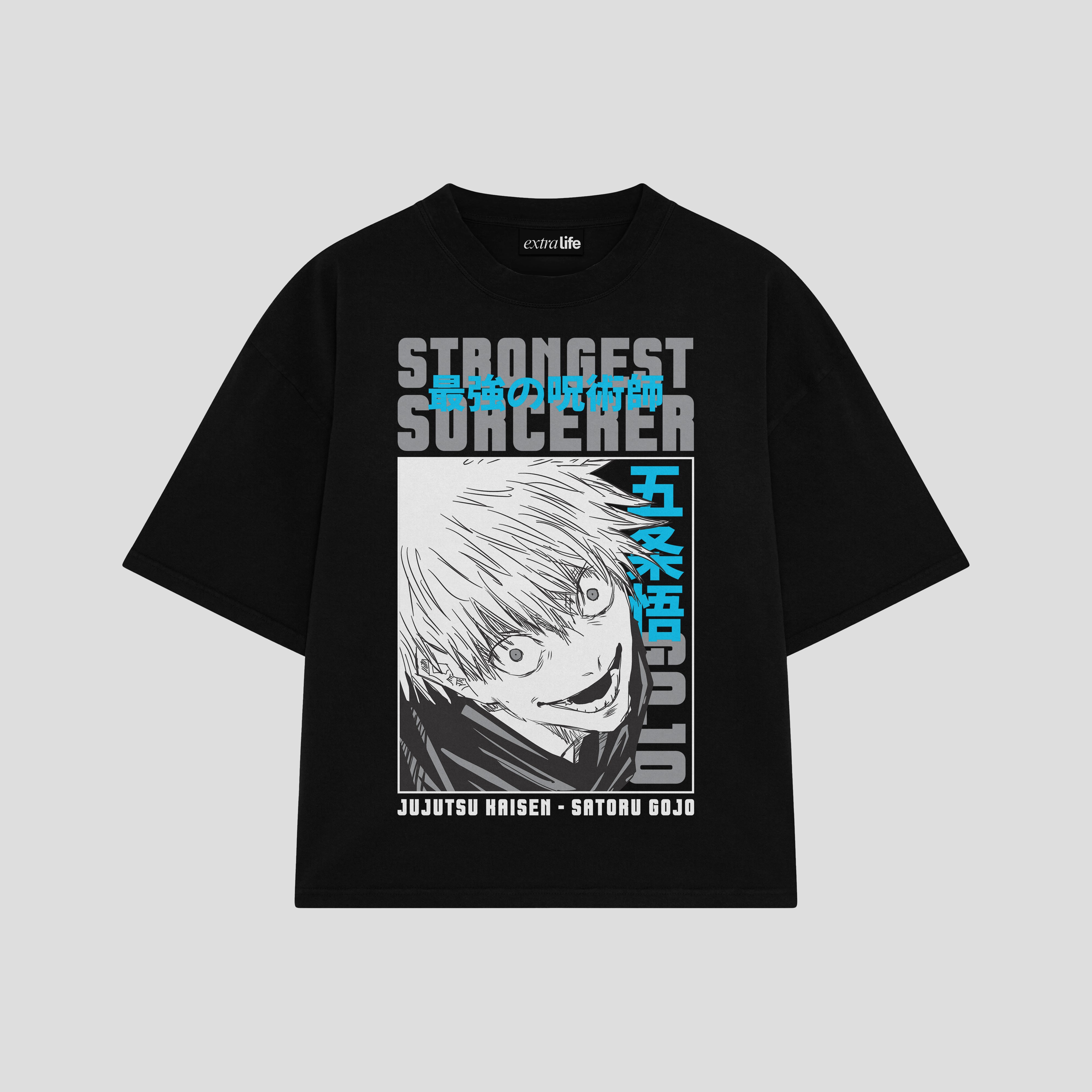 Playera streetwear premium de anime y gaming ExtraLife MX, corte boxy oversized drop shoulder heavyweight en color Deep Black y Off-White, moda urbana mexicana de culto.