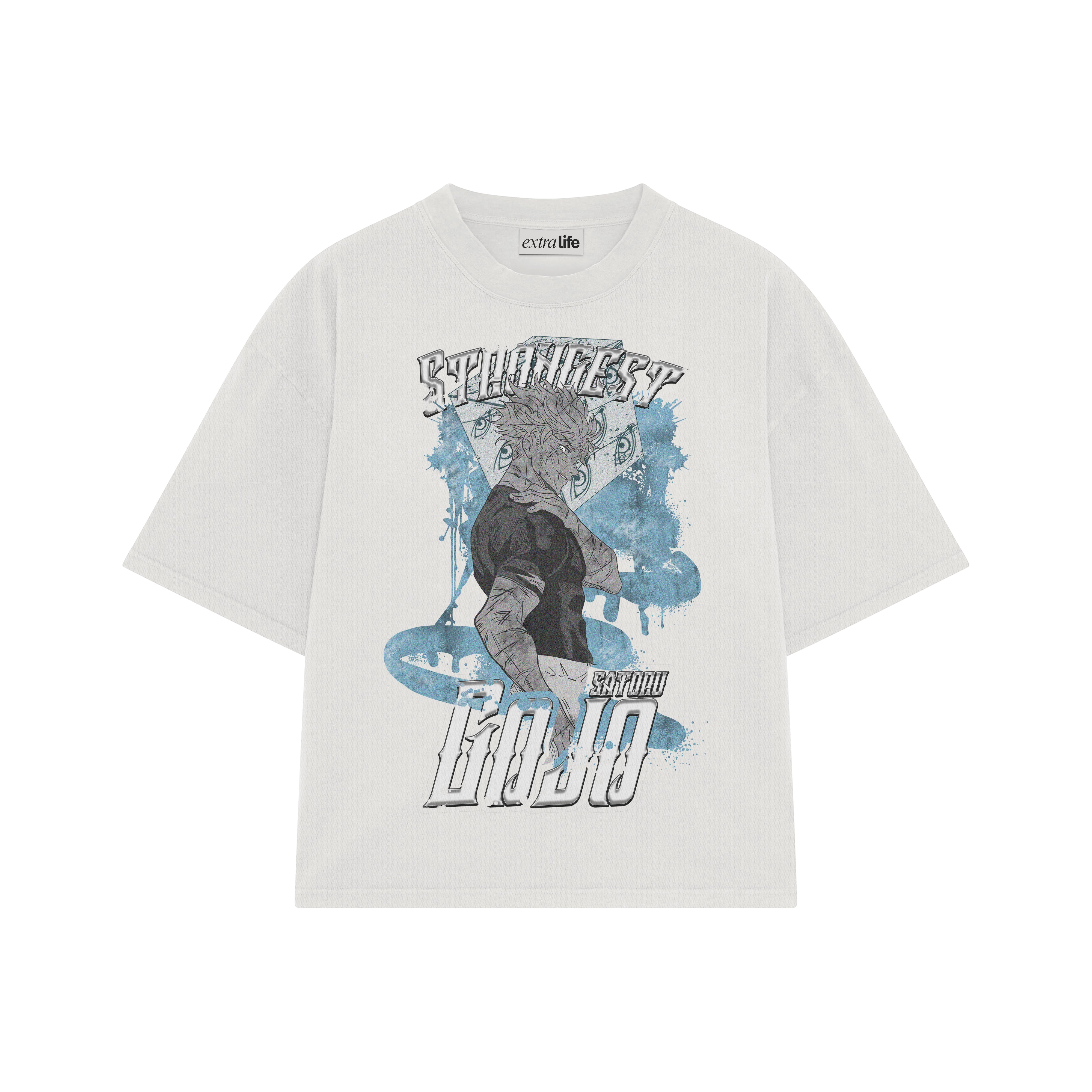 Playera streetwear premium de anime y gaming ExtraLife MX, corte boxy oversized drop shoulder heavyweight en color Deep Black y Off-White, moda urbana mexicana de culto.