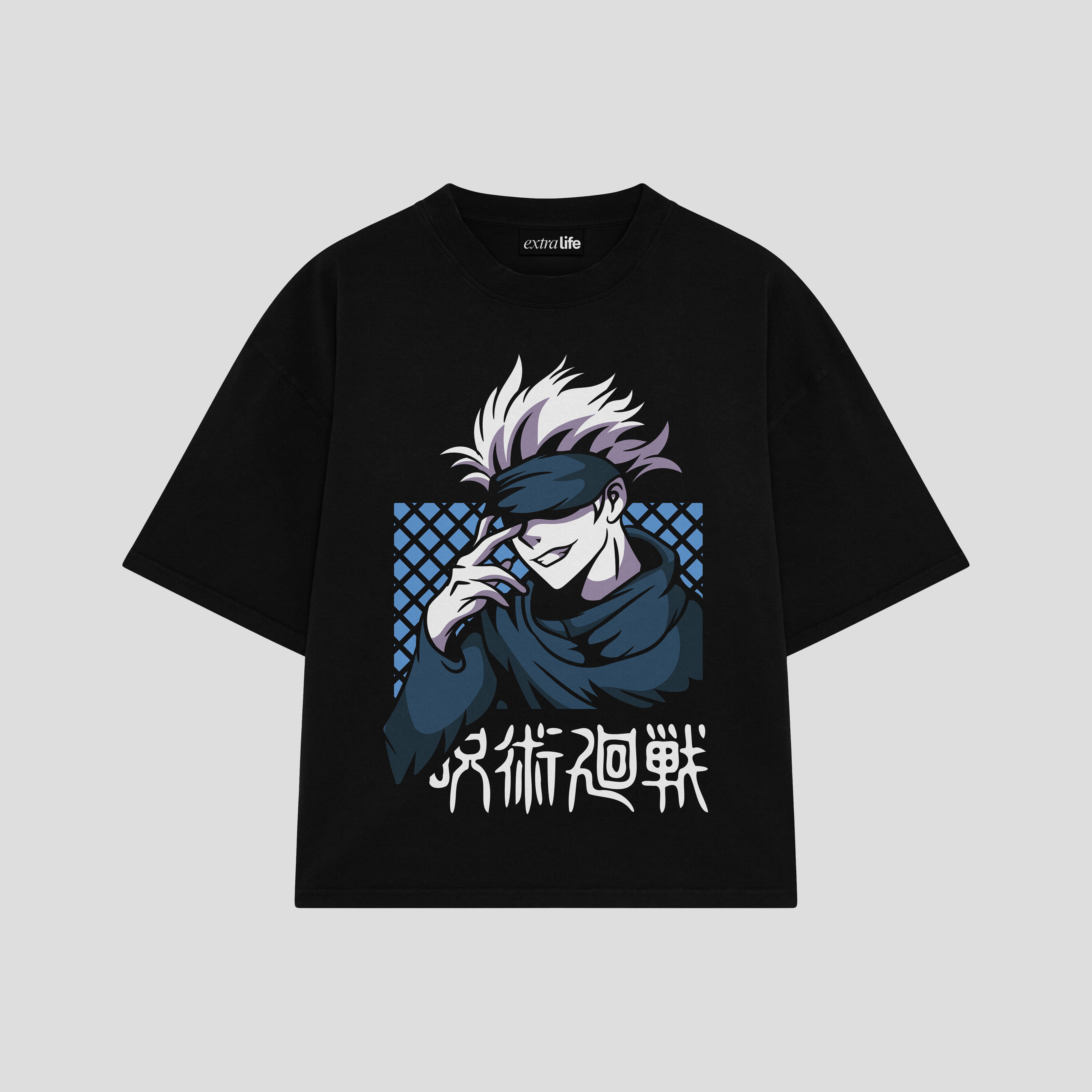Playera streetwear premium de anime y gaming ExtraLife MX, corte boxy oversized drop shoulder heavyweight en color Deep Black y Off-White, moda urbana mexicana de culto.