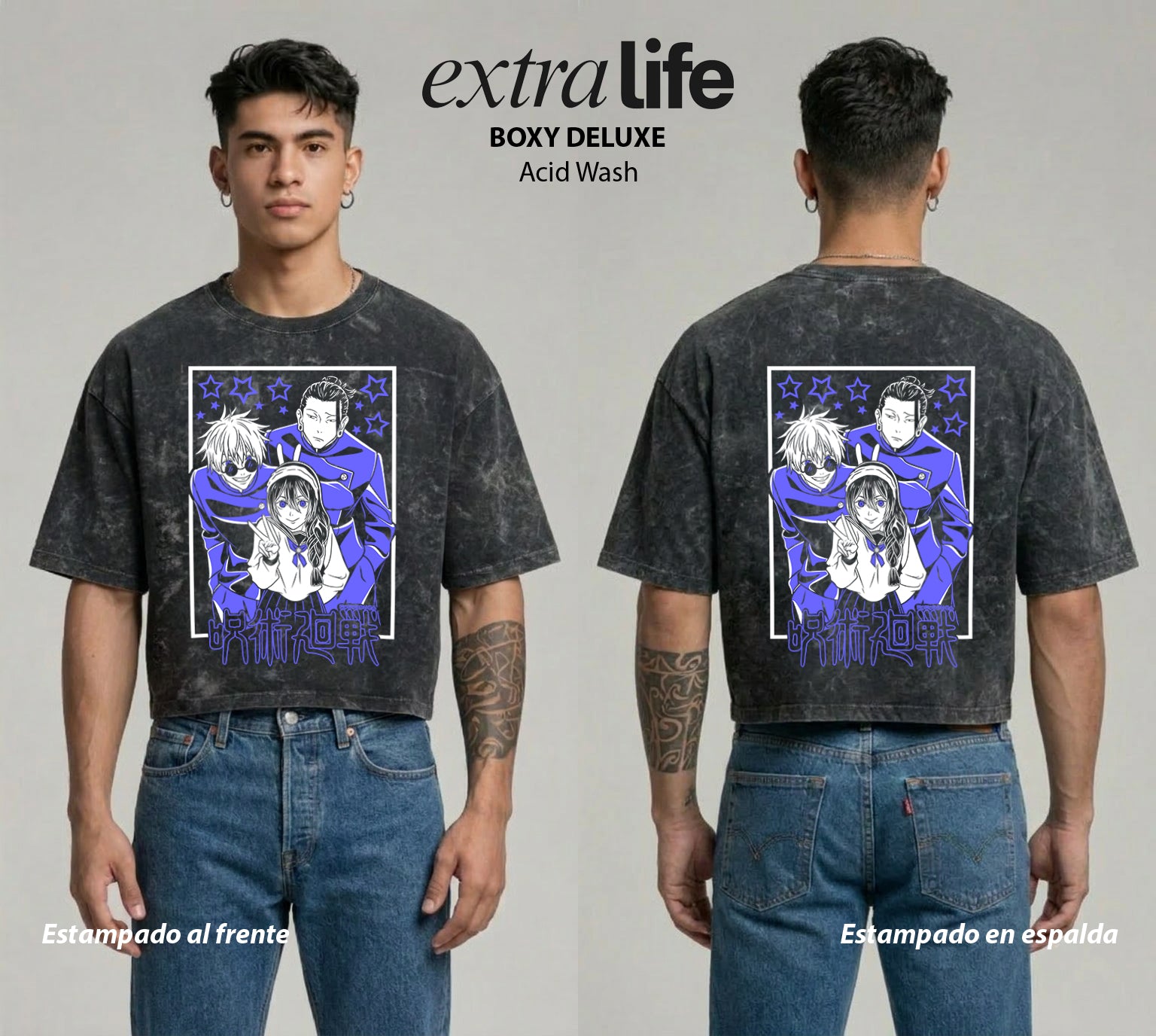 Playera streetwear premium de anime y gaming ExtraLife MX, corte boxy deluxe mineral wash heavyweight en color Acid Wash, moda urbana mexicana de culto.