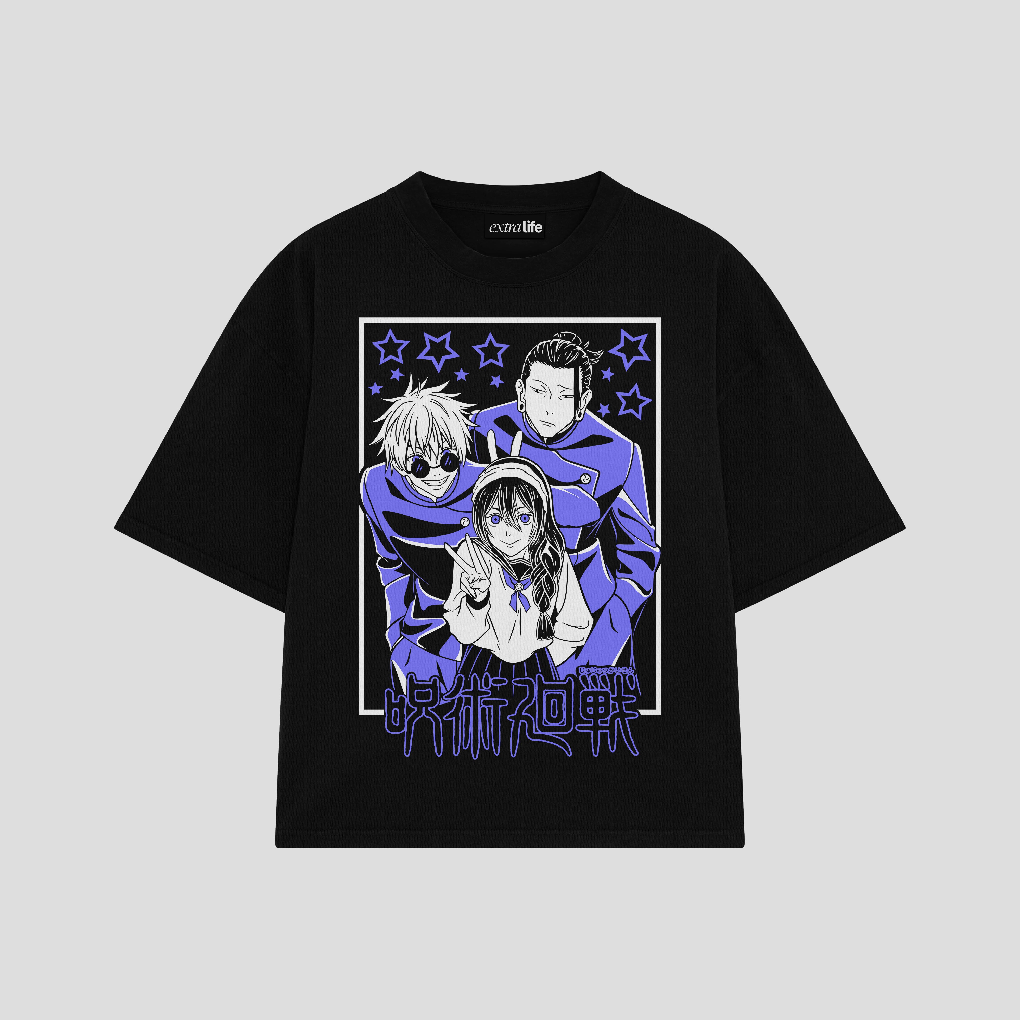 Playera streetwear premium de anime y gaming ExtraLife MX, corte boxy oversized drop shoulder heavyweight en color Deep Black y Off-White, moda urbana mexicana de culto.