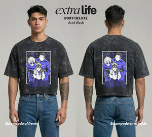 Playera streetwear premium de anime y gaming ExtraLife MX, corte boxy deluxe mineral wash heavyweight en color Acid Wash, moda urbana mexicana de culto.