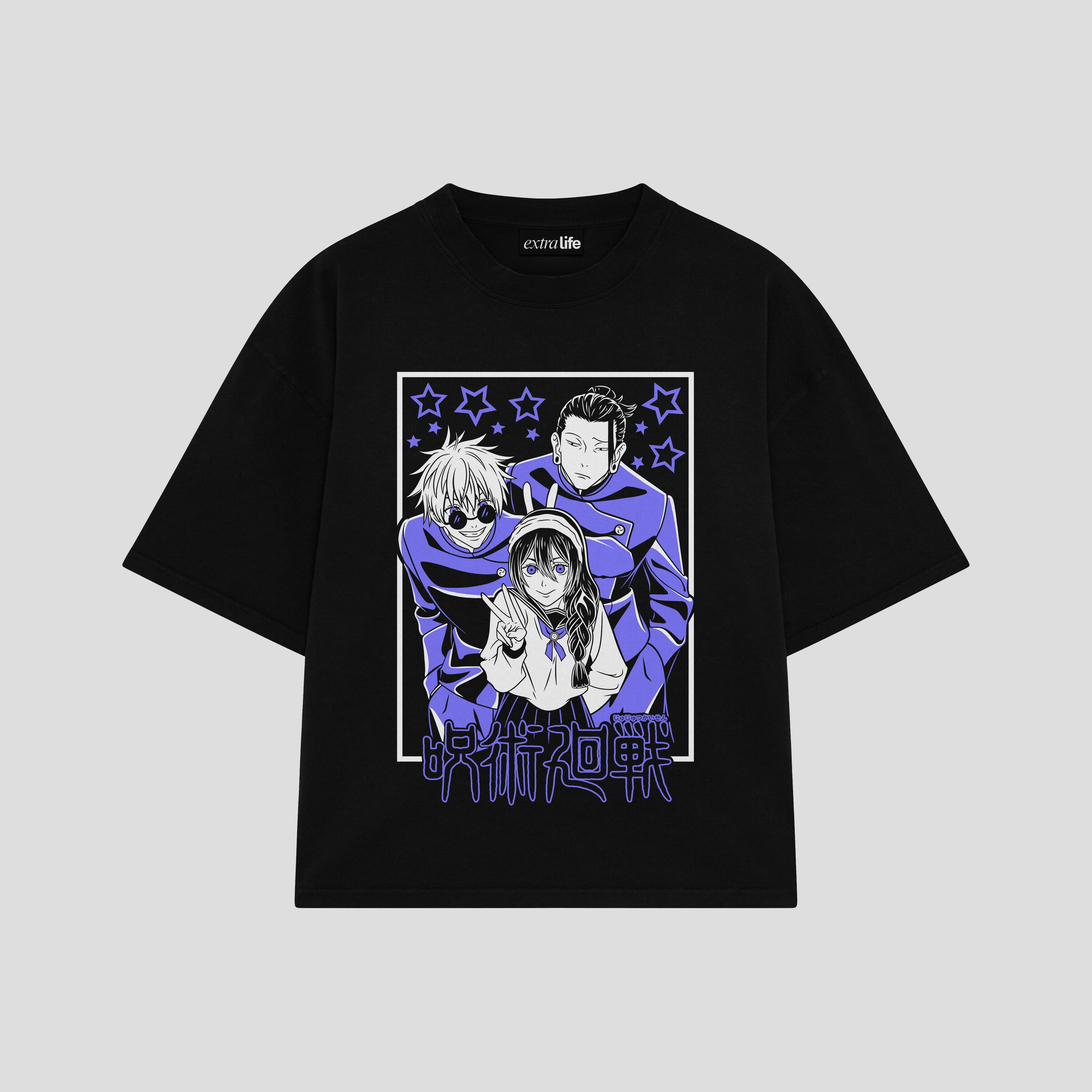 Playera streetwear premium de anime y gaming ExtraLife MX, corte boxy oversized drop shoulder heavyweight en color Deep Black y Off-White, moda urbana mexicana de culto.