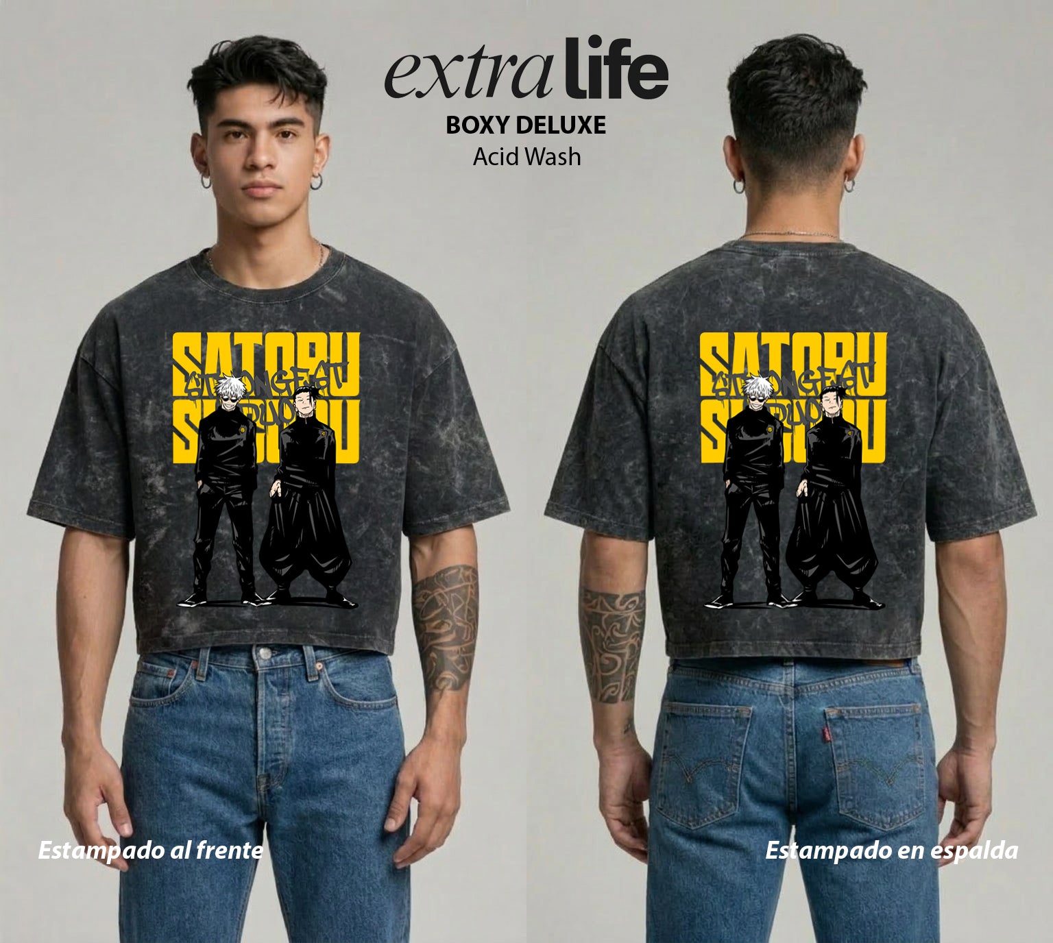 Playera streetwear premium de anime y gaming ExtraLife MX, corte boxy deluxe mineral wash heavyweight en color Acid Wash, moda urbana mexicana de culto.