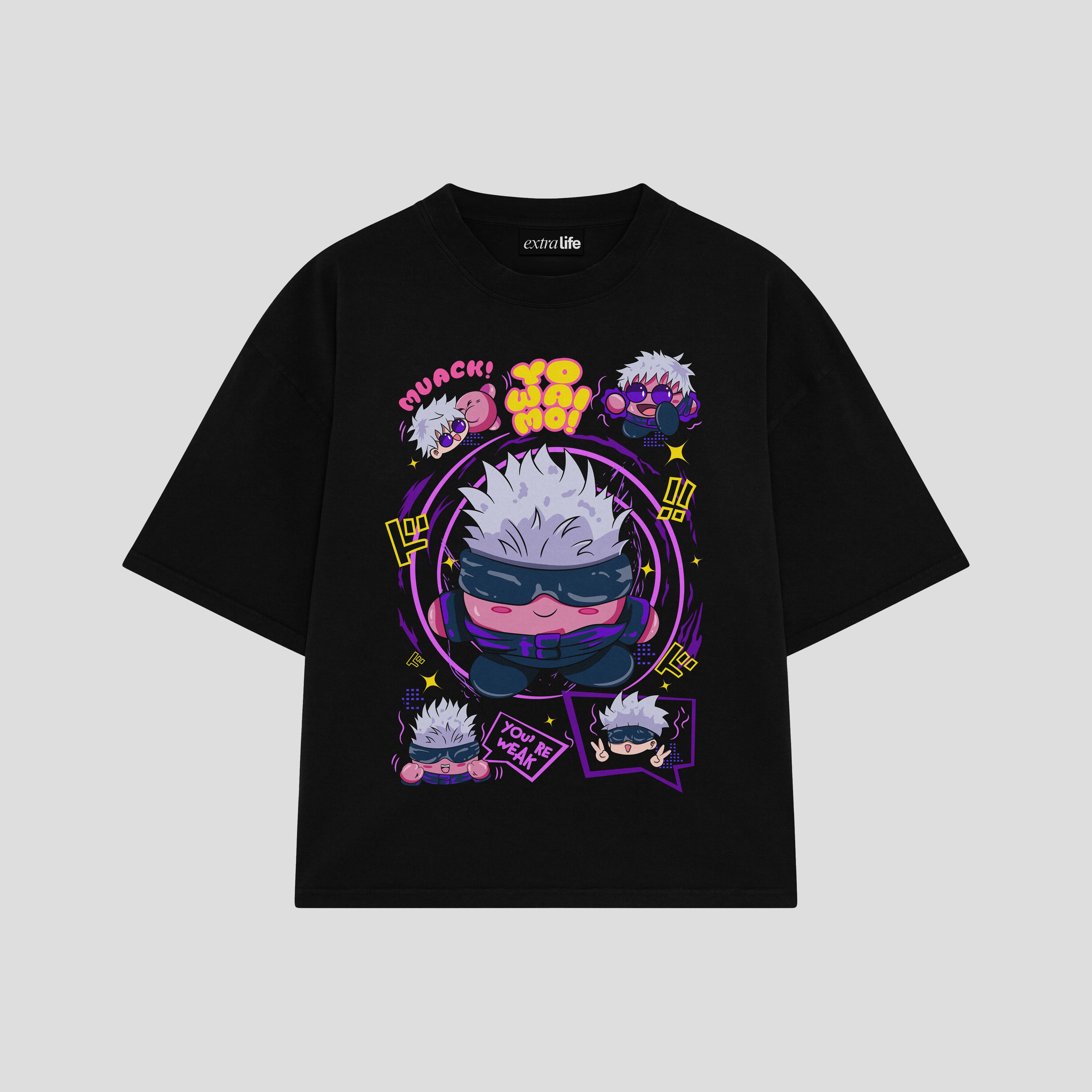 Playera streetwear premium de anime y gaming ExtraLife MX, corte boxy oversized drop shoulder heavyweight en color Deep Black y Off-White, moda urbana mexicana de culto.