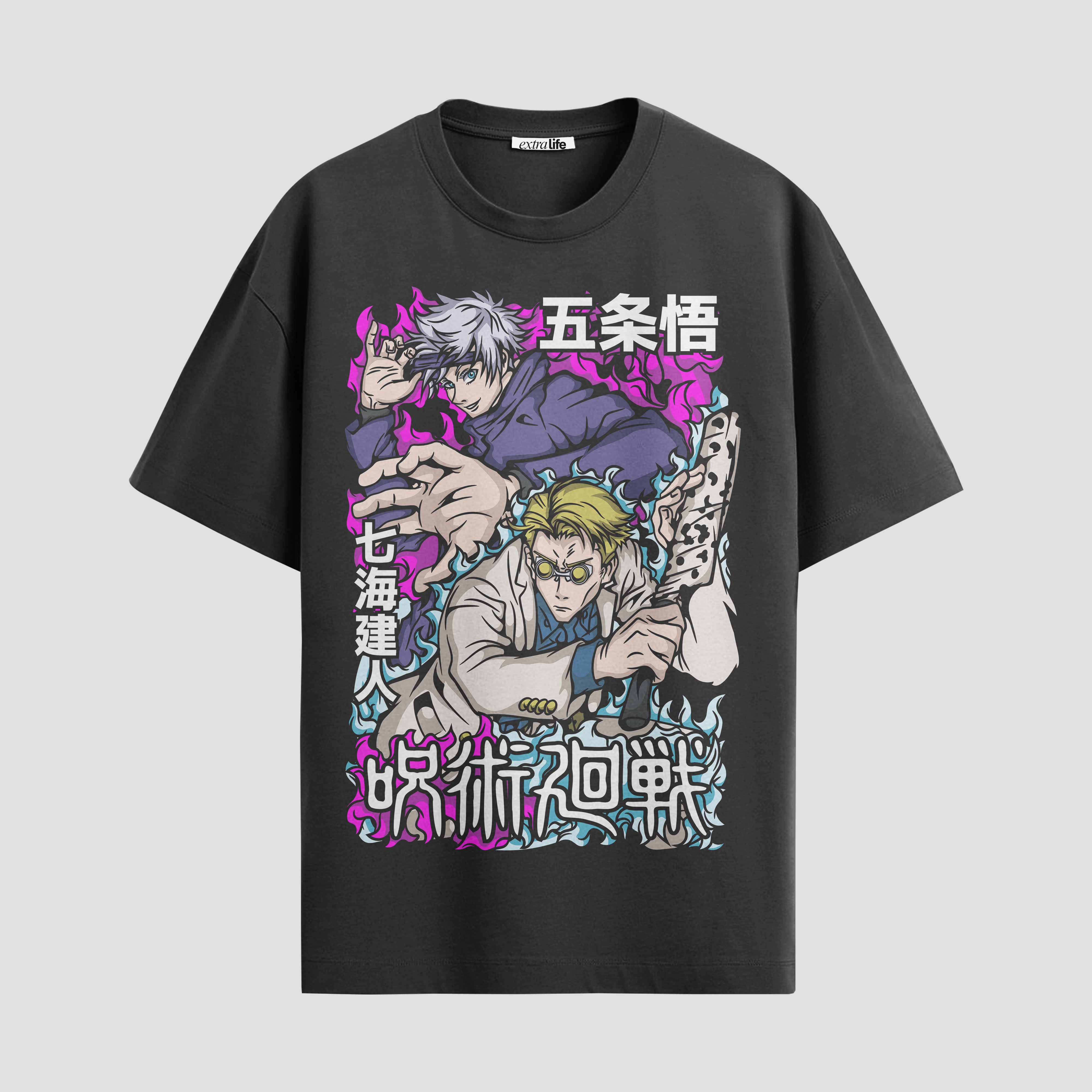 Playera urbana de anime y gaming ExtraLife MX, corte Standard Fit unisex ligero y transpirable en color Deep Black y Pure White, ropa de uso diario para gym y casual.