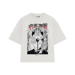 Playera streetwear premium de anime y gaming ExtraLife MX, corte boxy oversized drop shoulder heavyweight en color Deep Black y Off-White, moda urbana mexicana de culto.