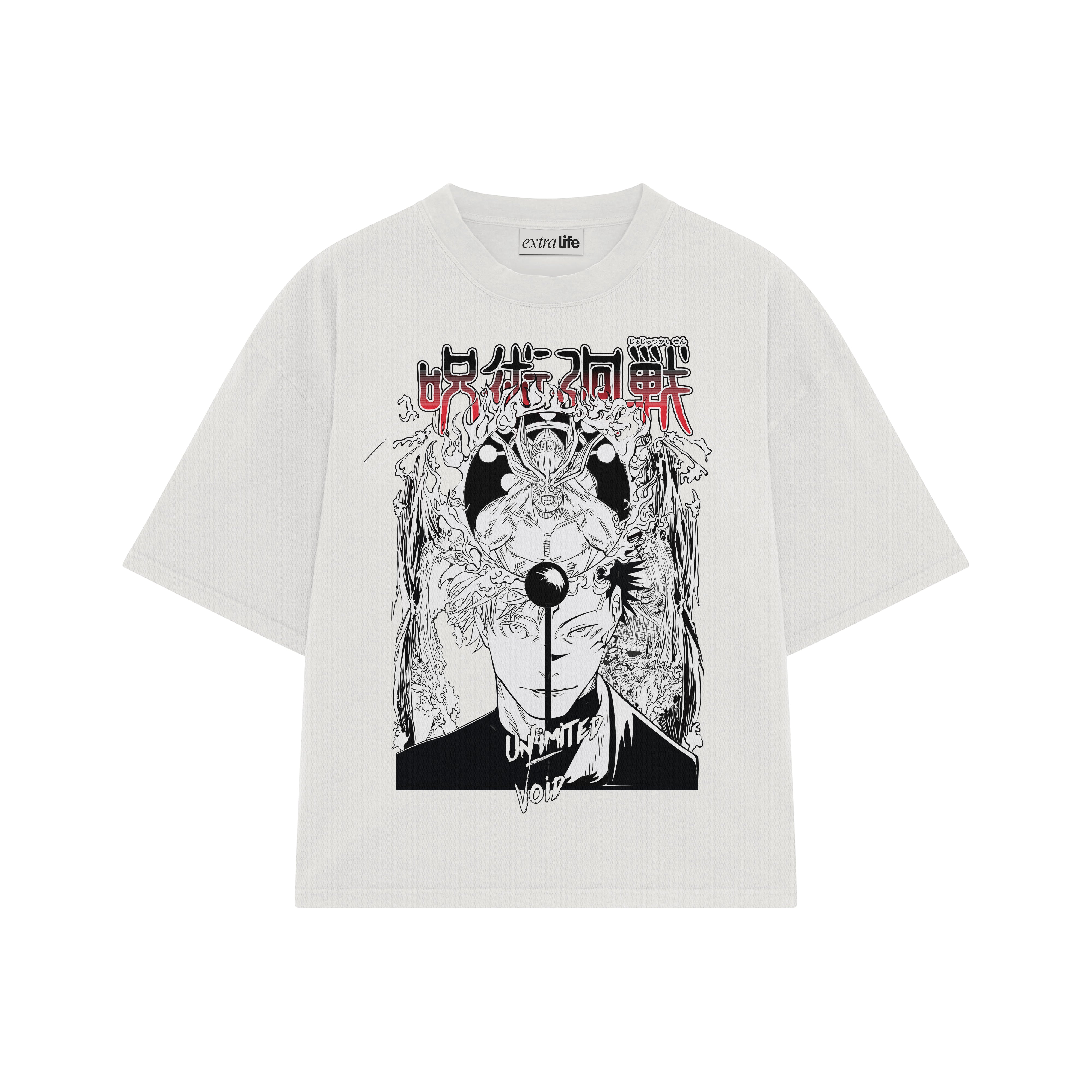 Playera streetwear premium de anime y gaming ExtraLife MX, corte boxy oversized drop shoulder heavyweight en color Deep Black y Off-White, moda urbana mexicana de culto.