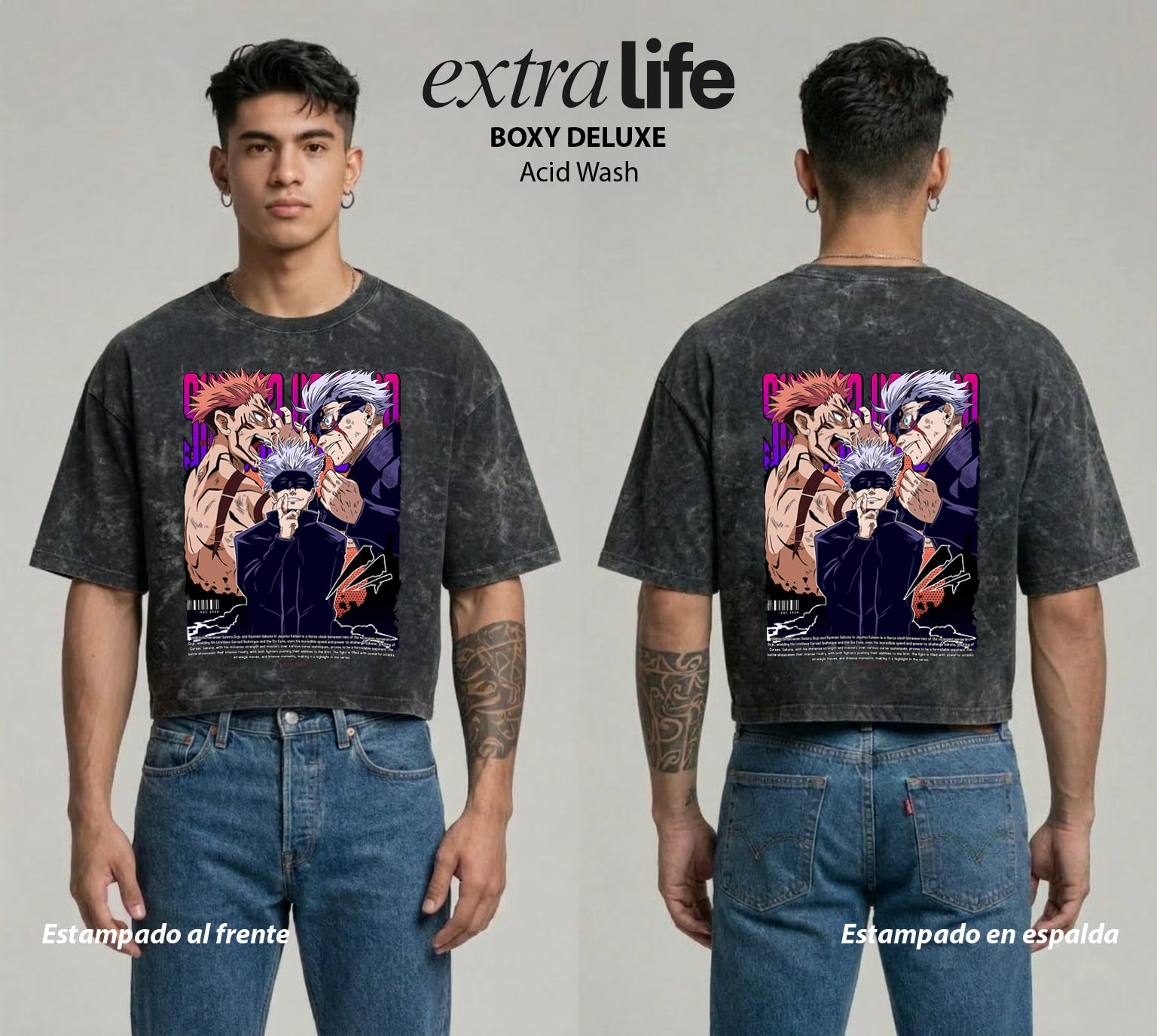 Playera streetwear premium de anime y gaming ExtraLife MX, corte boxy deluxe mineral wash heavyweight en color Acid Wash, moda urbana mexicana de culto.