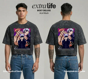 Playera streetwear premium de anime y gaming ExtraLife MX, corte boxy deluxe mineral wash heavyweight en color Acid Wash, moda urbana mexicana de culto.