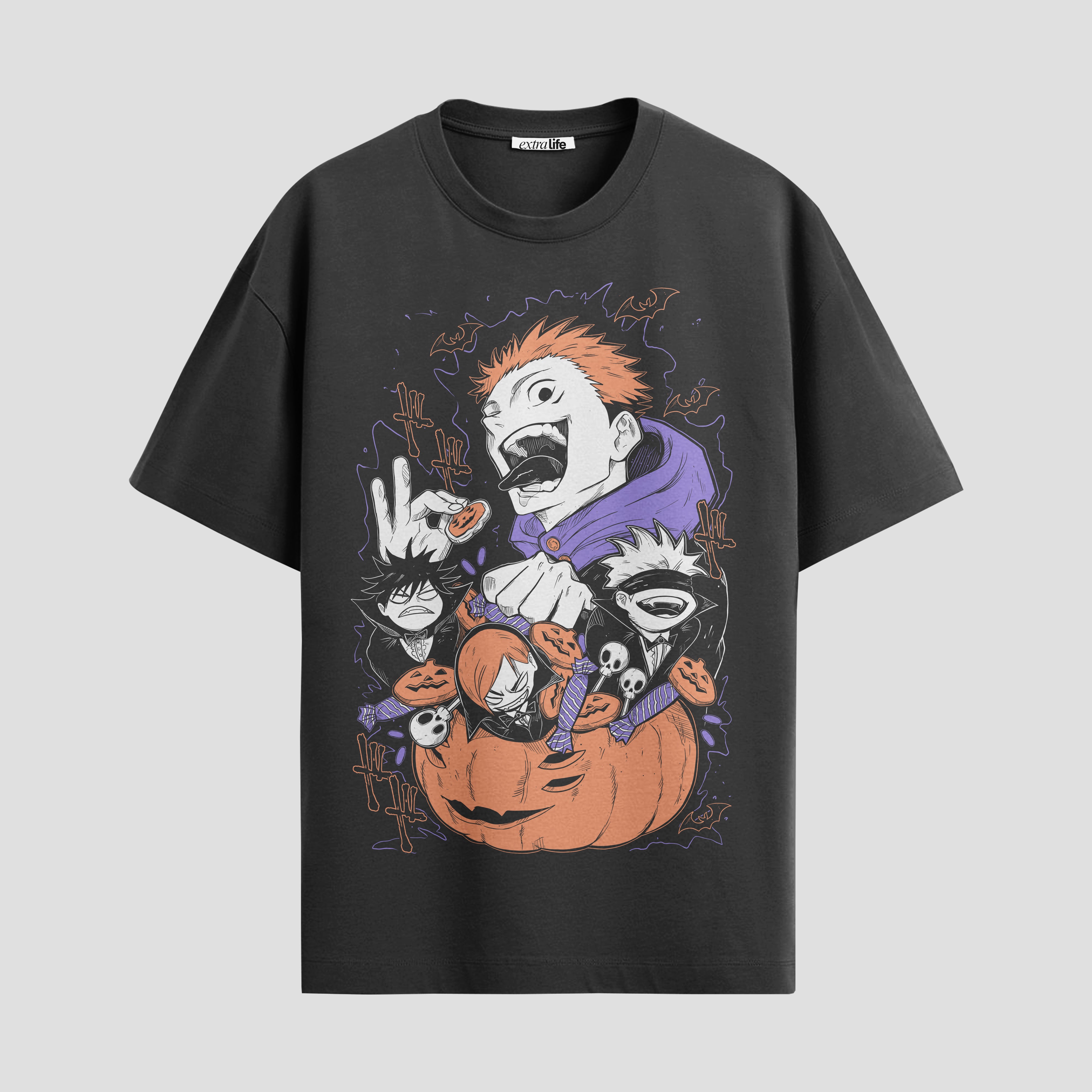 Playera urbana de anime y gaming ExtraLife MX, corte Standard Fit unisex ligero y transpirable en color Deep Black y Pure White, ropa de uso diario para gym y casual.