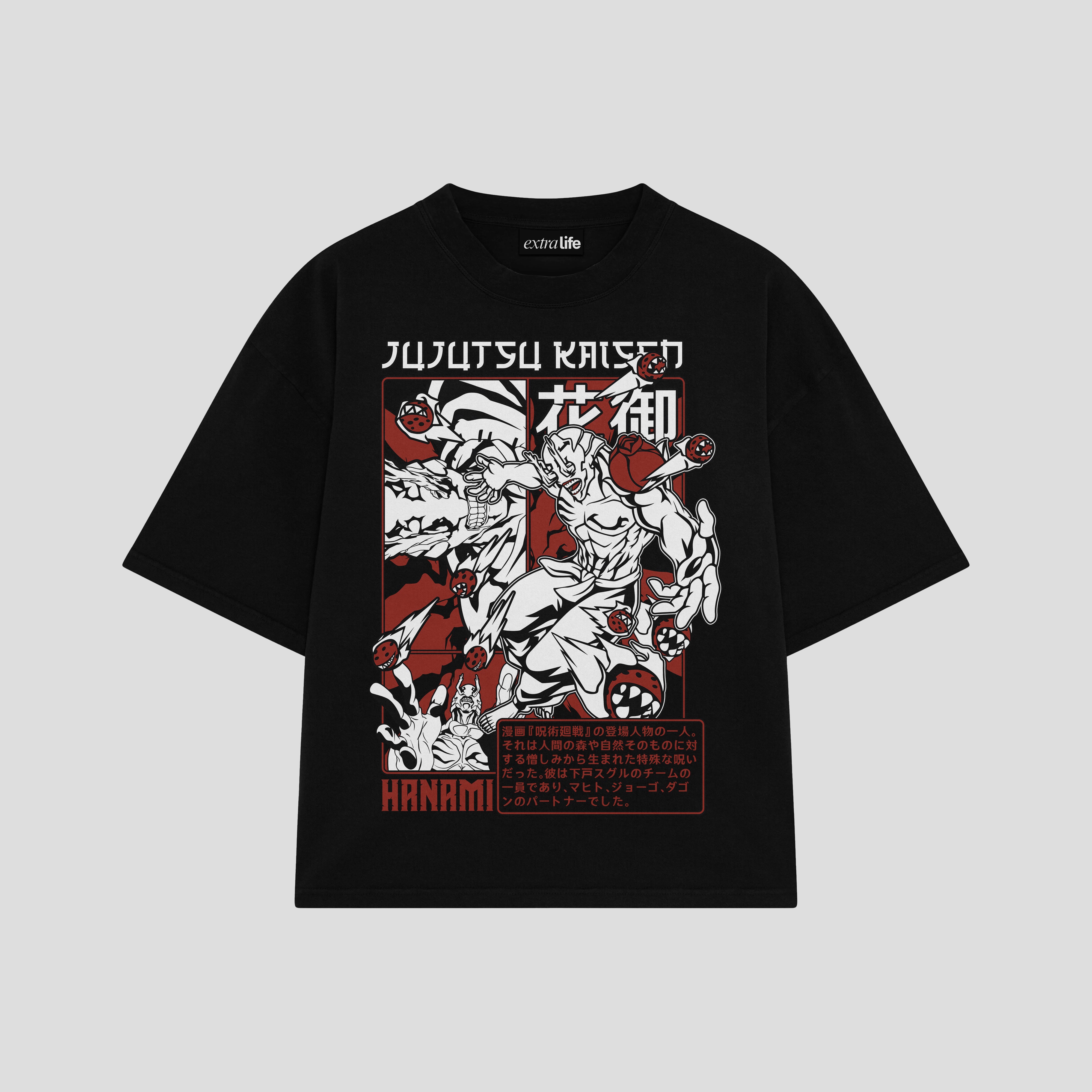 Playera streetwear premium de anime y gaming ExtraLife MX, corte boxy oversized drop shoulder heavyweight en color Deep Black y Off-White, moda urbana mexicana de culto.