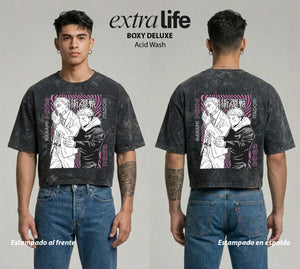 Playera streetwear premium de anime y gaming ExtraLife MX, corte boxy deluxe mineral wash heavyweight en color Acid Wash, moda urbana mexicana de culto.