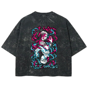 Playera streetwear premium de anime y gaming ExtraLife MX, corte boxy deluxe mineral wash heavyweight en color Acid Wash, moda urbana mexicana de culto.
