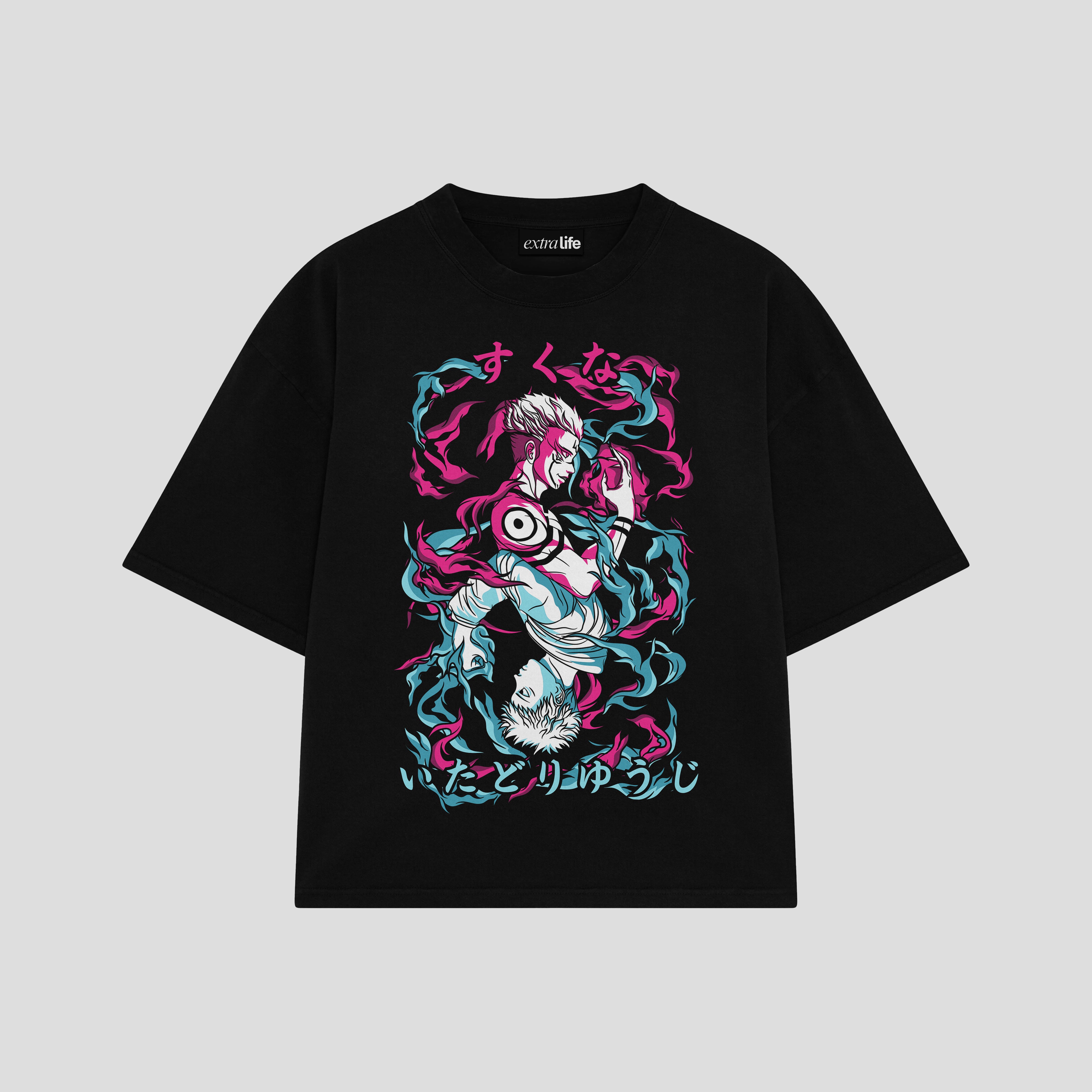 Playera streetwear premium de anime y gaming ExtraLife MX, corte boxy oversized drop shoulder heavyweight en color Deep Black y Off-White, moda urbana mexicana de culto.