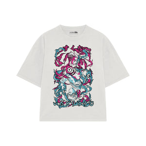 Playera streetwear premium de anime y gaming ExtraLife MX, corte boxy oversized drop shoulder heavyweight en color Deep Black y Off-White, moda urbana mexicana de culto.