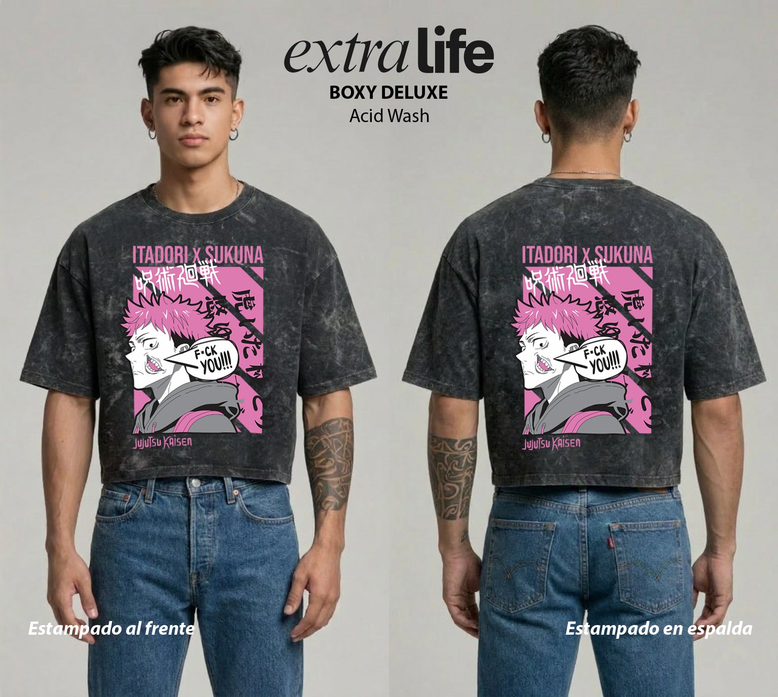 Playera streetwear premium de anime y gaming ExtraLife MX, corte boxy deluxe mineral wash heavyweight en color Acid Wash, moda urbana mexicana de culto.