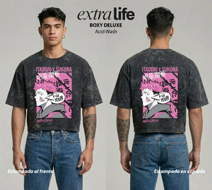 Playera streetwear premium de anime y gaming ExtraLife MX, corte boxy deluxe mineral wash heavyweight en color Acid Wash, moda urbana mexicana de culto.