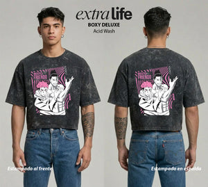 Playera streetwear premium de anime y gaming ExtraLife MX, corte boxy deluxe mineral wash heavyweight en color Acid Wash, moda urbana mexicana de culto.
