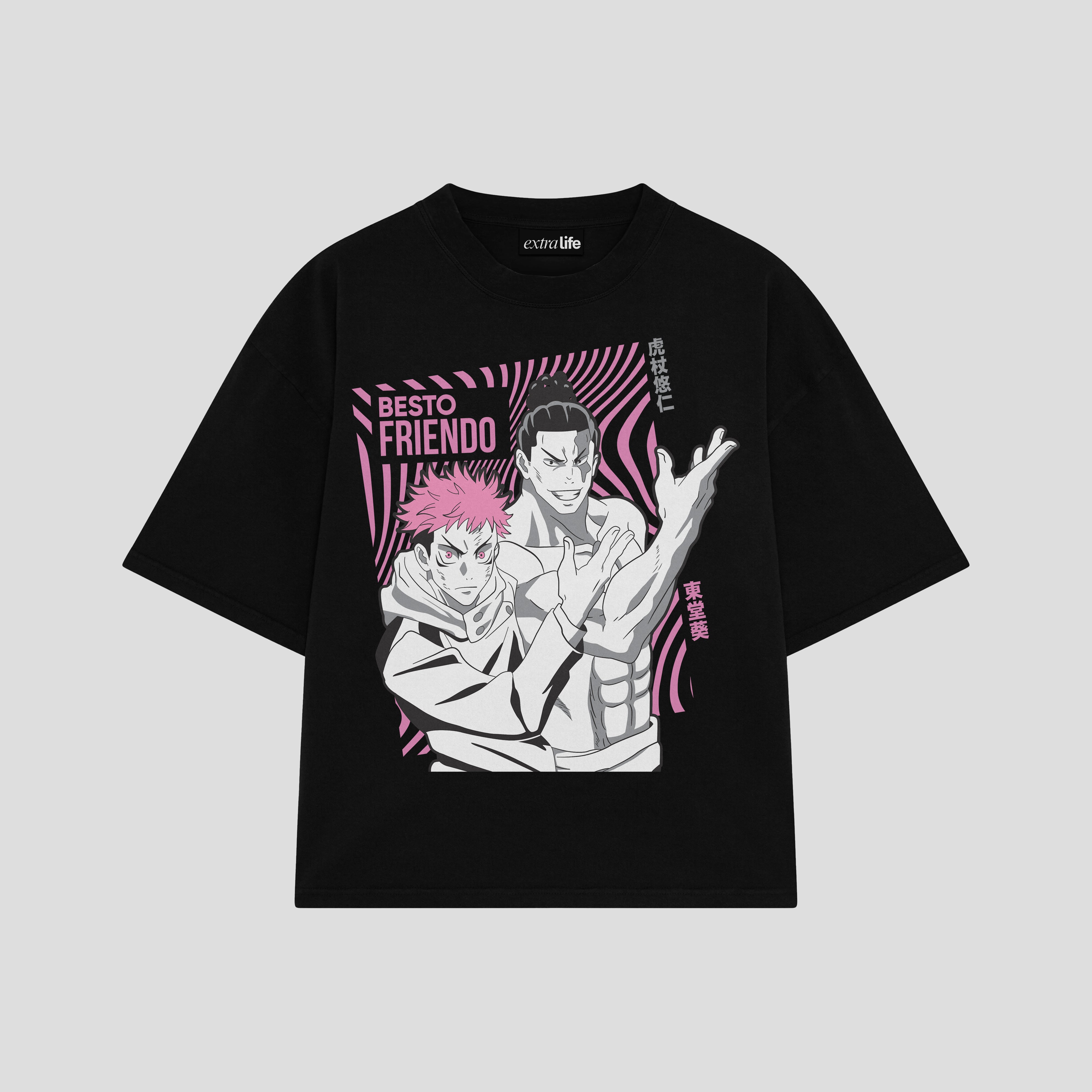 Playera streetwear premium de anime y gaming ExtraLife MX, corte boxy oversized drop shoulder heavyweight en color Deep Black y Off-White, moda urbana mexicana de culto.