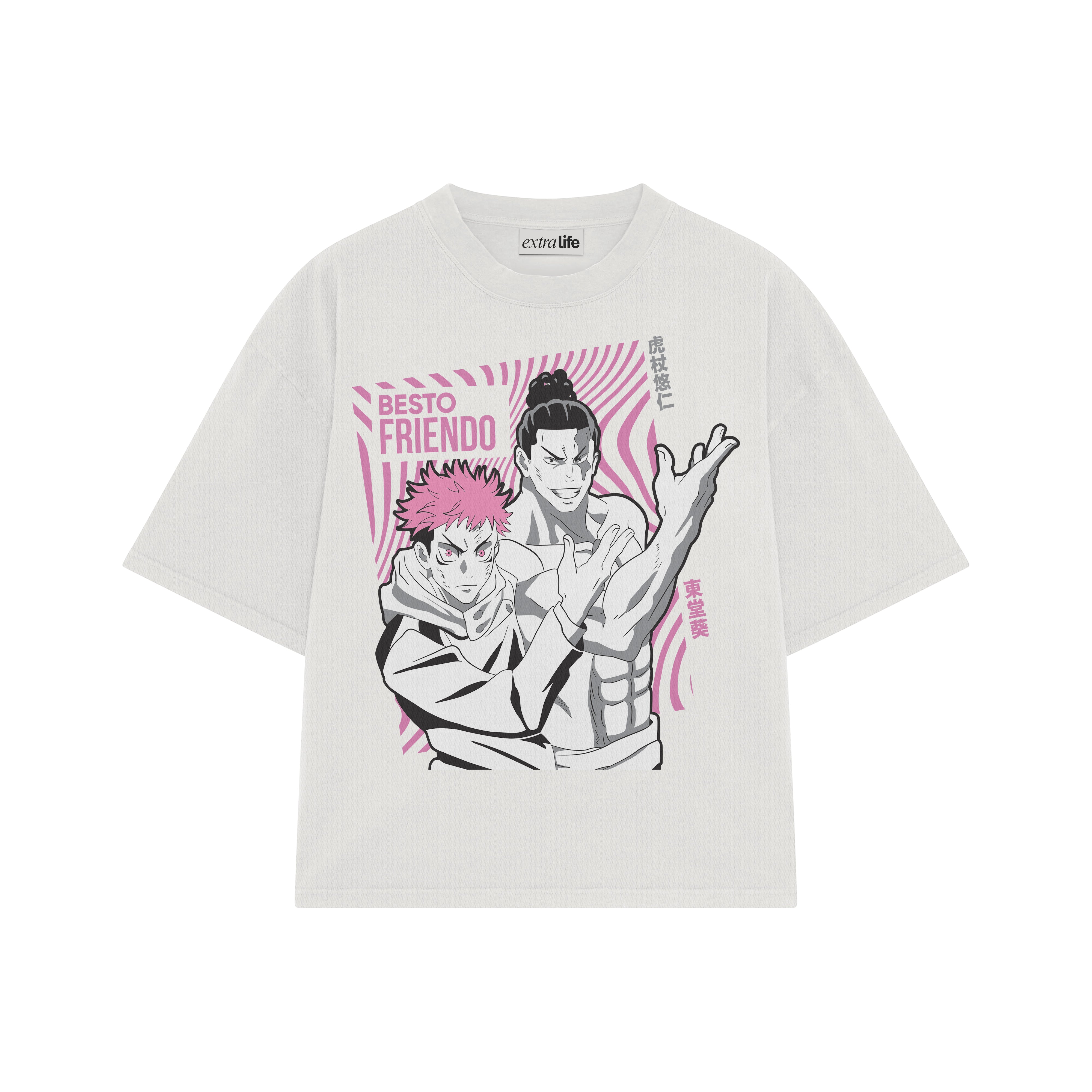 Playera streetwear premium de anime y gaming ExtraLife MX, corte boxy oversized drop shoulder heavyweight en color Deep Black y Off-White, moda urbana mexicana de culto.