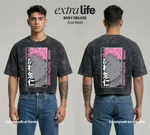 Playera streetwear premium de anime y gaming ExtraLife MX, corte boxy deluxe mineral wash heavyweight en color Acid Wash, moda urbana mexicana de culto.