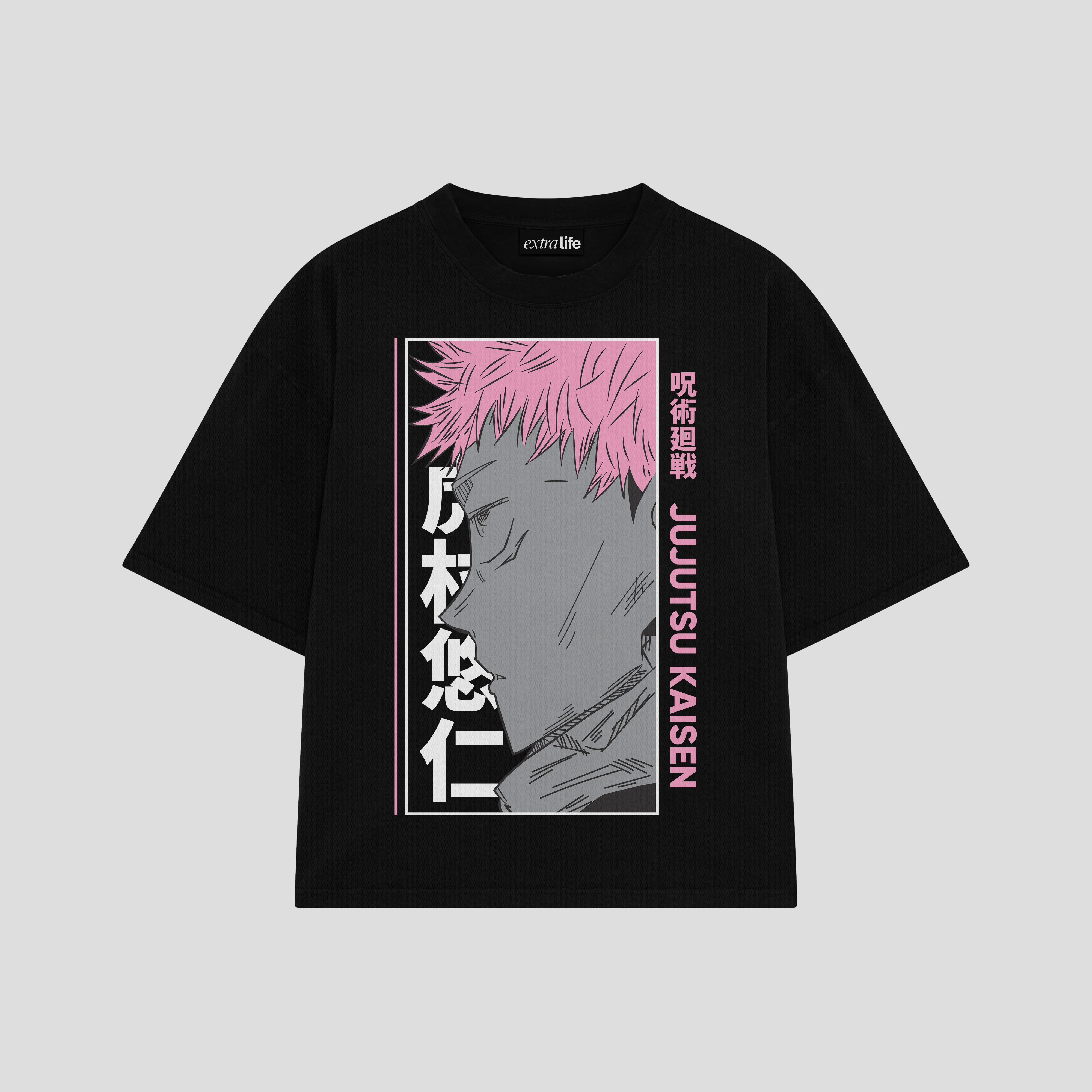 Playera streetwear premium de anime y gaming ExtraLife MX, corte boxy oversized drop shoulder heavyweight en color Deep Black y Off-White, moda urbana mexicana de culto.