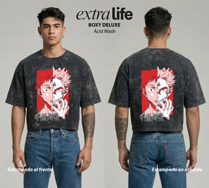 Playera streetwear premium de anime y gaming ExtraLife MX, corte boxy deluxe mineral wash heavyweight en color Acid Wash, moda urbana mexicana de culto.
