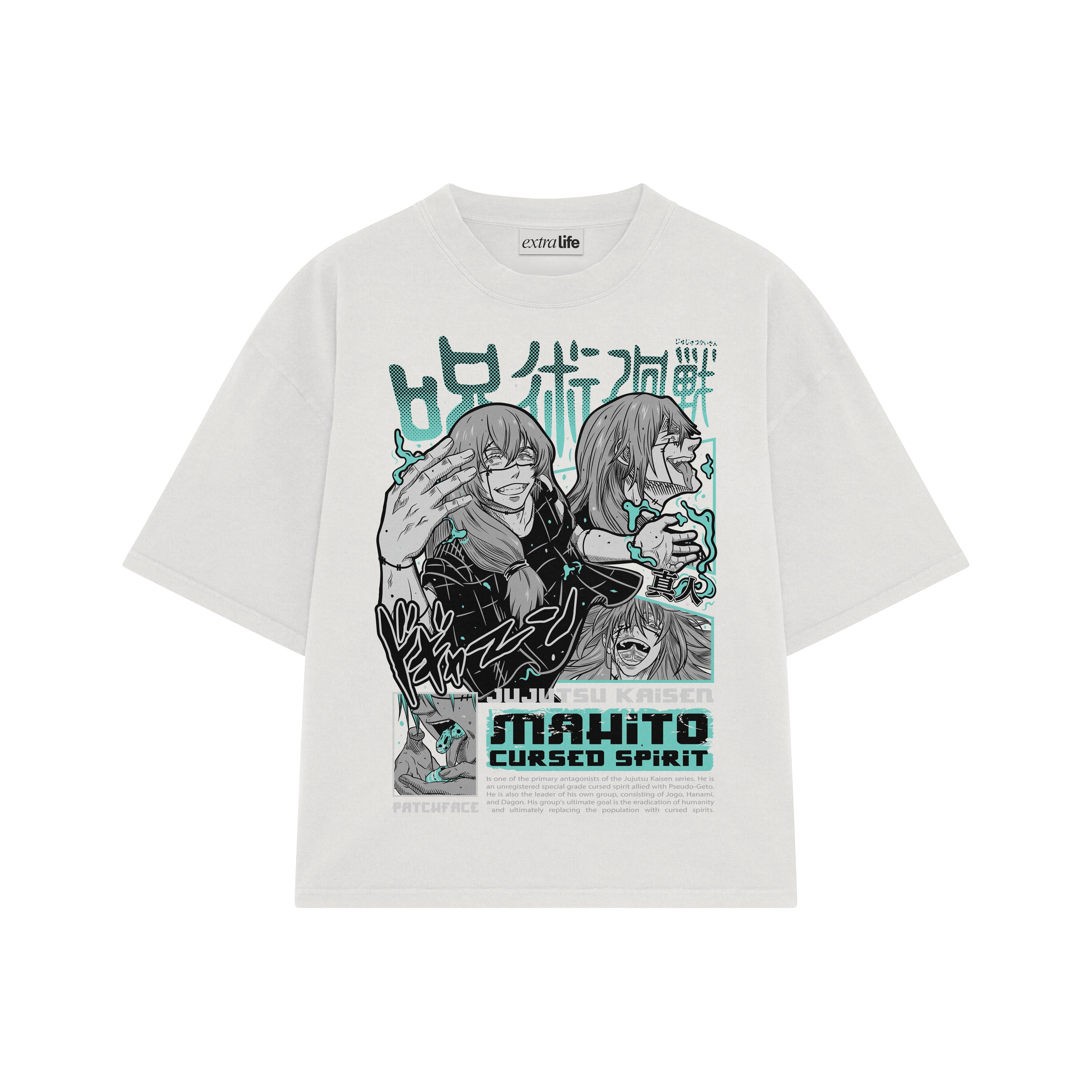 Playera streetwear premium de anime y gaming ExtraLife MX, corte boxy oversized drop shoulder heavyweight en color Deep Black y Off-White, moda urbana mexicana de culto.
