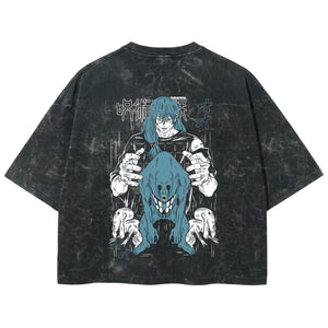 Playera streetwear premium de anime y gaming ExtraLife MX, corte boxy deluxe mineral wash heavyweight en color Acid Wash, moda urbana mexicana de culto.
