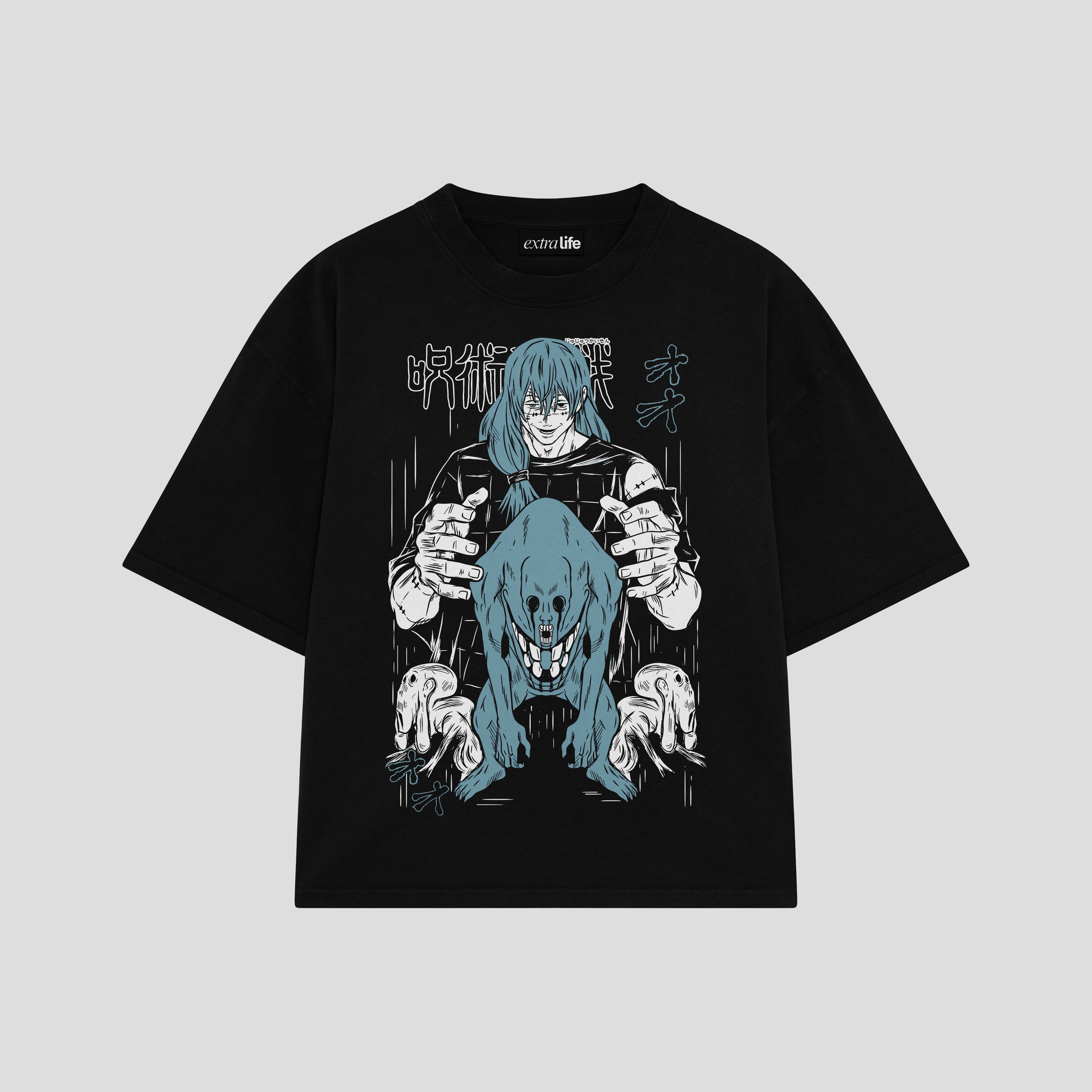 Playera streetwear premium de anime y gaming ExtraLife MX, corte boxy oversized drop shoulder heavyweight en color Deep Black y Off-White, moda urbana mexicana de culto.