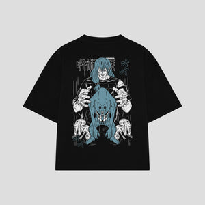 Playera streetwear premium de anime y gaming ExtraLife MX, corte boxy oversized drop shoulder heavyweight en color Deep Black y Off-White, moda urbana mexicana de culto.