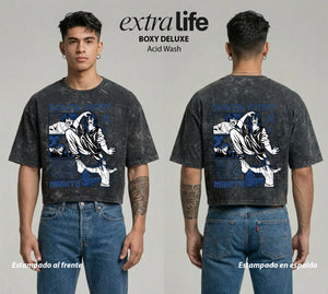 Playera streetwear premium de anime y gaming ExtraLife MX, corte boxy deluxe mineral wash heavyweight en color Acid Wash, moda urbana mexicana de culto.