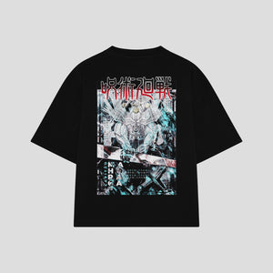 Playera streetwear premium de anime y gaming ExtraLife MX, corte boxy oversized drop shoulder heavyweight en color Deep Black y Off-White, moda urbana mexicana de culto.