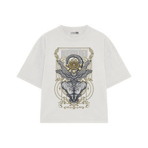 Playera streetwear premium de anime y gaming ExtraLife MX, corte boxy oversized drop shoulder heavyweight en color Deep Black y Off-White, moda urbana mexicana de culto.
