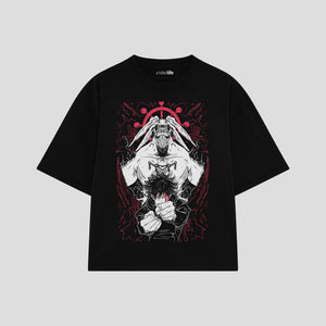 Playera streetwear premium de anime y gaming ExtraLife MX, corte boxy oversized drop shoulder heavyweight en color Deep Black y Off-White, moda urbana mexicana de culto.