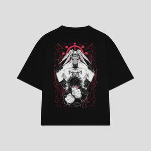 Playera streetwear premium de anime y gaming ExtraLife MX, corte boxy oversized drop shoulder heavyweight en color Deep Black y Off-White, moda urbana mexicana de culto.