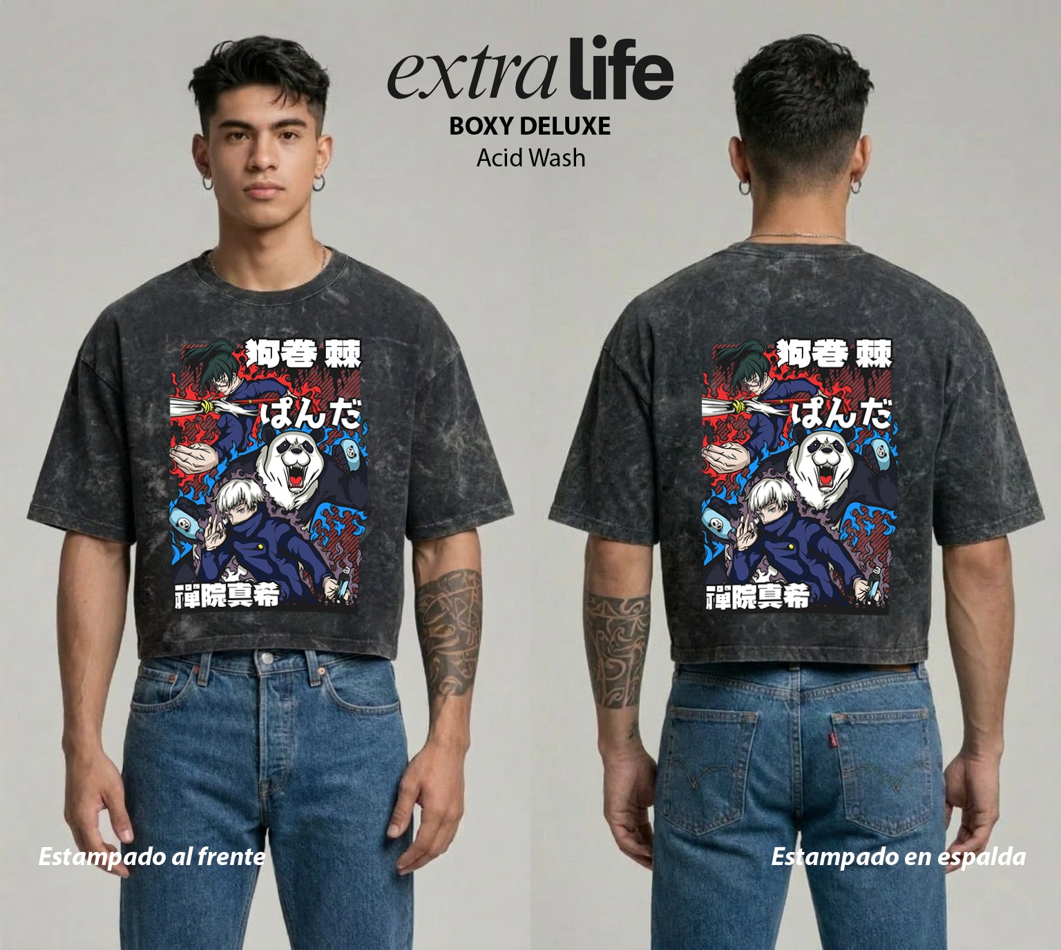 Playera streetwear premium de anime y gaming ExtraLife MX, corte boxy deluxe mineral wash heavyweight en color Acid Wash, moda urbana mexicana de culto.