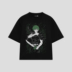 Playera streetwear premium de anime y gaming ExtraLife MX, corte boxy oversized drop shoulder heavyweight en color Deep Black y Off-White, moda urbana mexicana de culto.