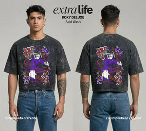 Playera streetwear premium de anime y gaming ExtraLife MX, corte boxy deluxe mineral wash heavyweight en color Acid Wash, moda urbana mexicana de culto.