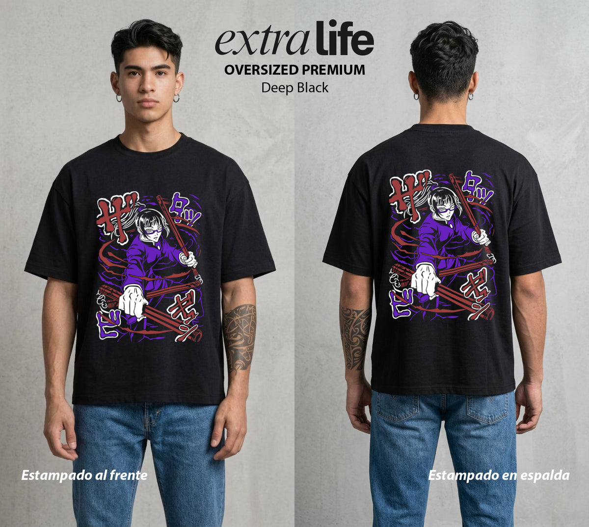 El Arte de las Maldiciones | La Guerrera sin Tecnica #01879 - Playera Oversized Premium | Deep Black - Foto en modelo