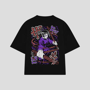 Playera streetwear premium de anime y gaming ExtraLife MX, corte boxy oversized drop shoulder heavyweight en color Deep Black y Off-White, moda urbana mexicana de culto.