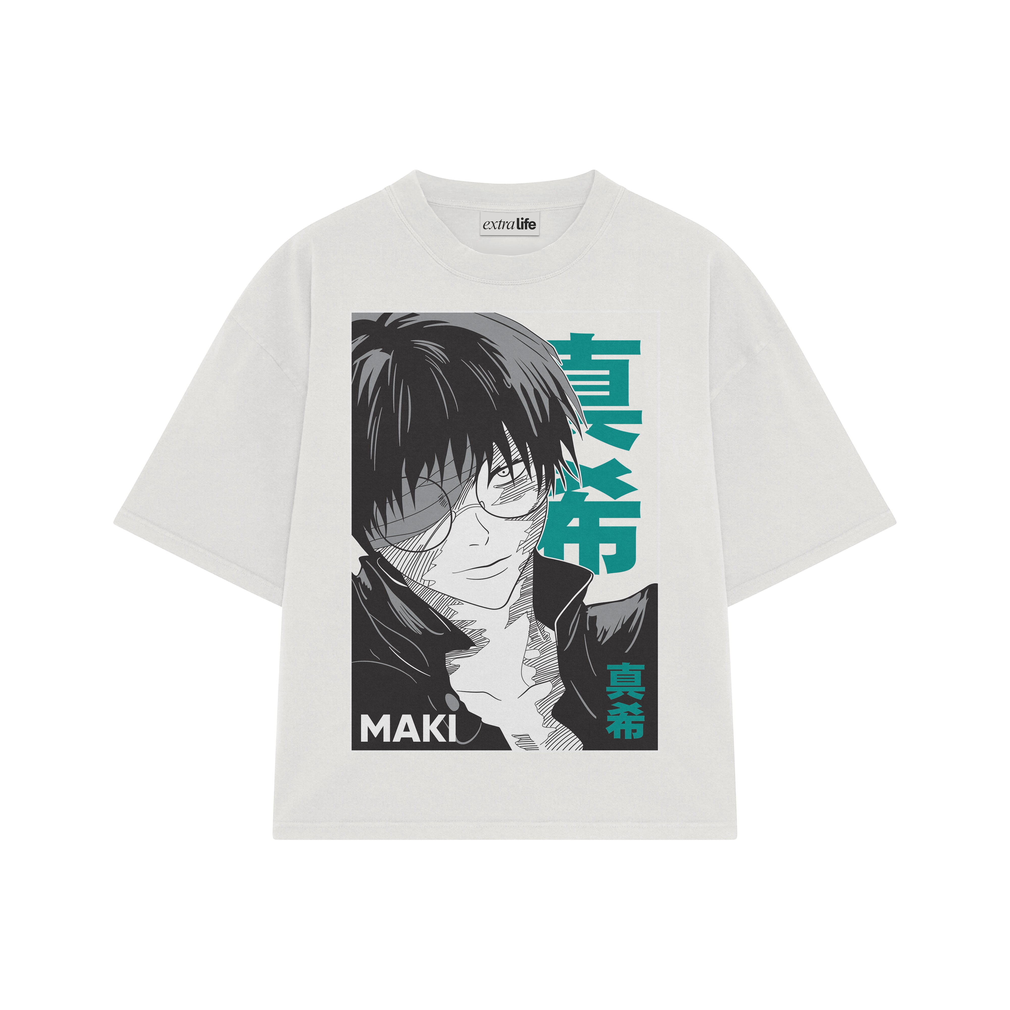 Playera streetwear premium de anime y gaming ExtraLife MX, corte boxy oversized drop shoulder heavyweight en color Deep Black y Off-White, moda urbana mexicana de culto.