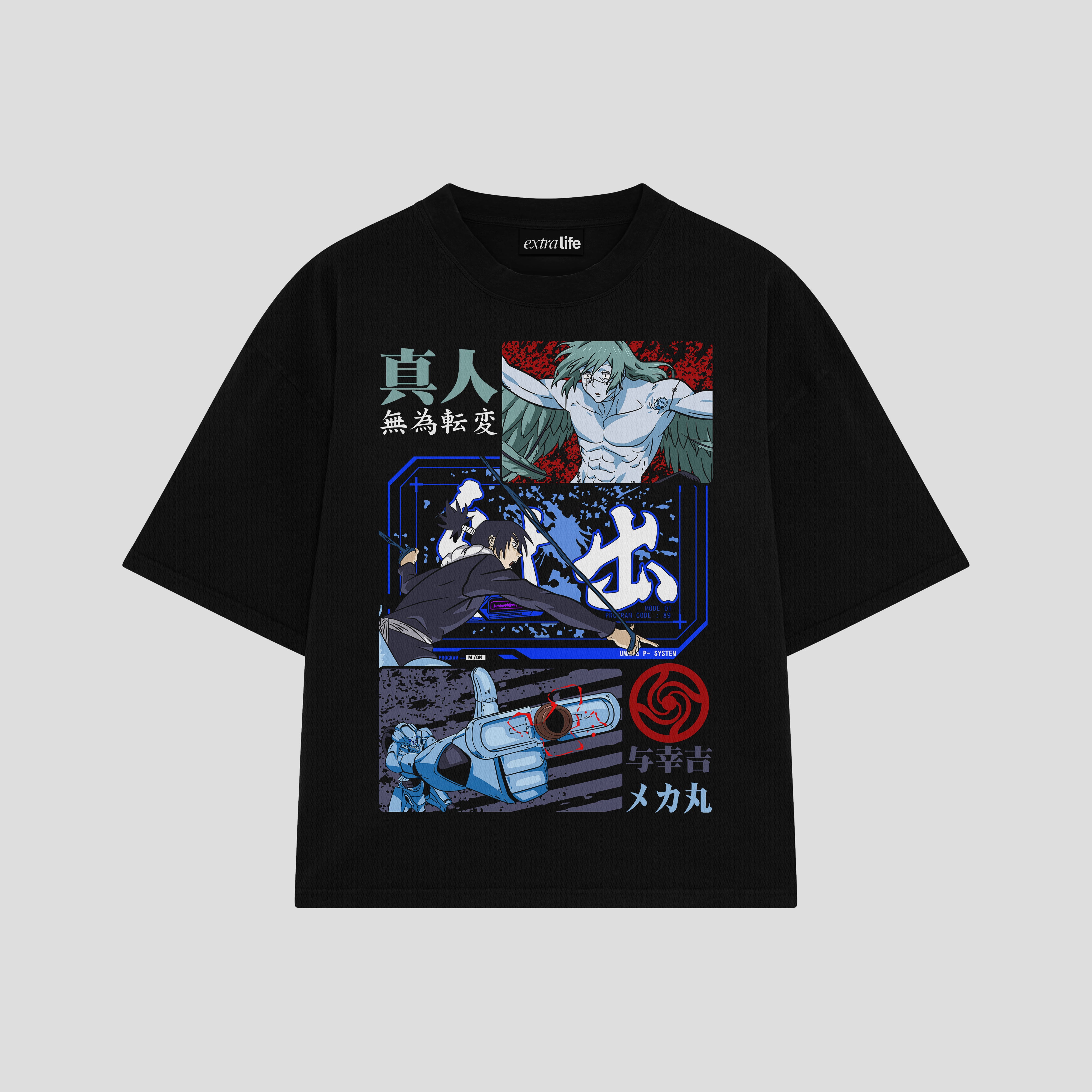Playera streetwear premium de anime y gaming ExtraLife MX, corte boxy oversized drop shoulder heavyweight en color Deep Black y Off-White, moda urbana mexicana de culto.