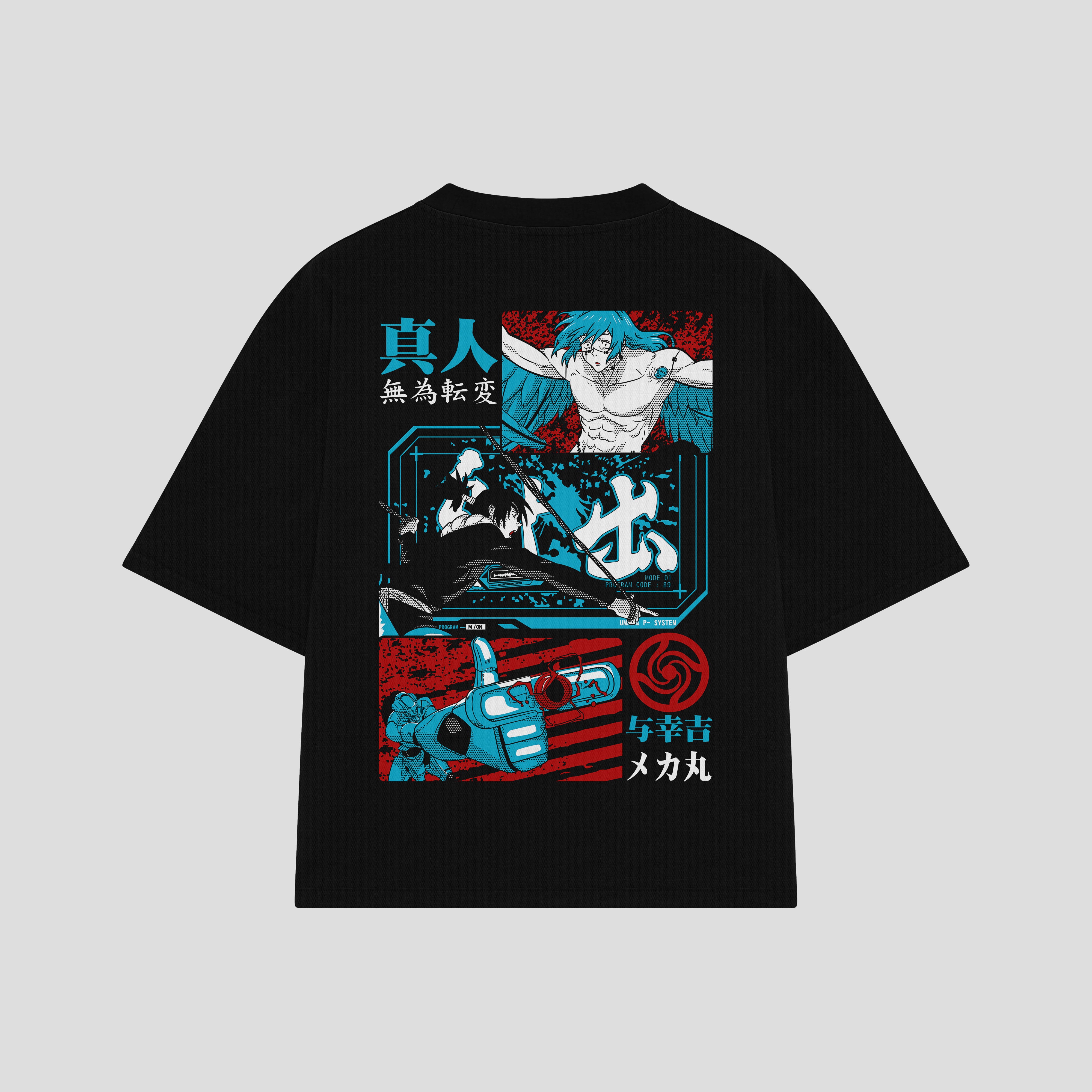 Playera streetwear premium de anime y gaming ExtraLife MX, corte boxy oversized drop shoulder heavyweight en color Deep Black y Off-White, moda urbana mexicana de culto.