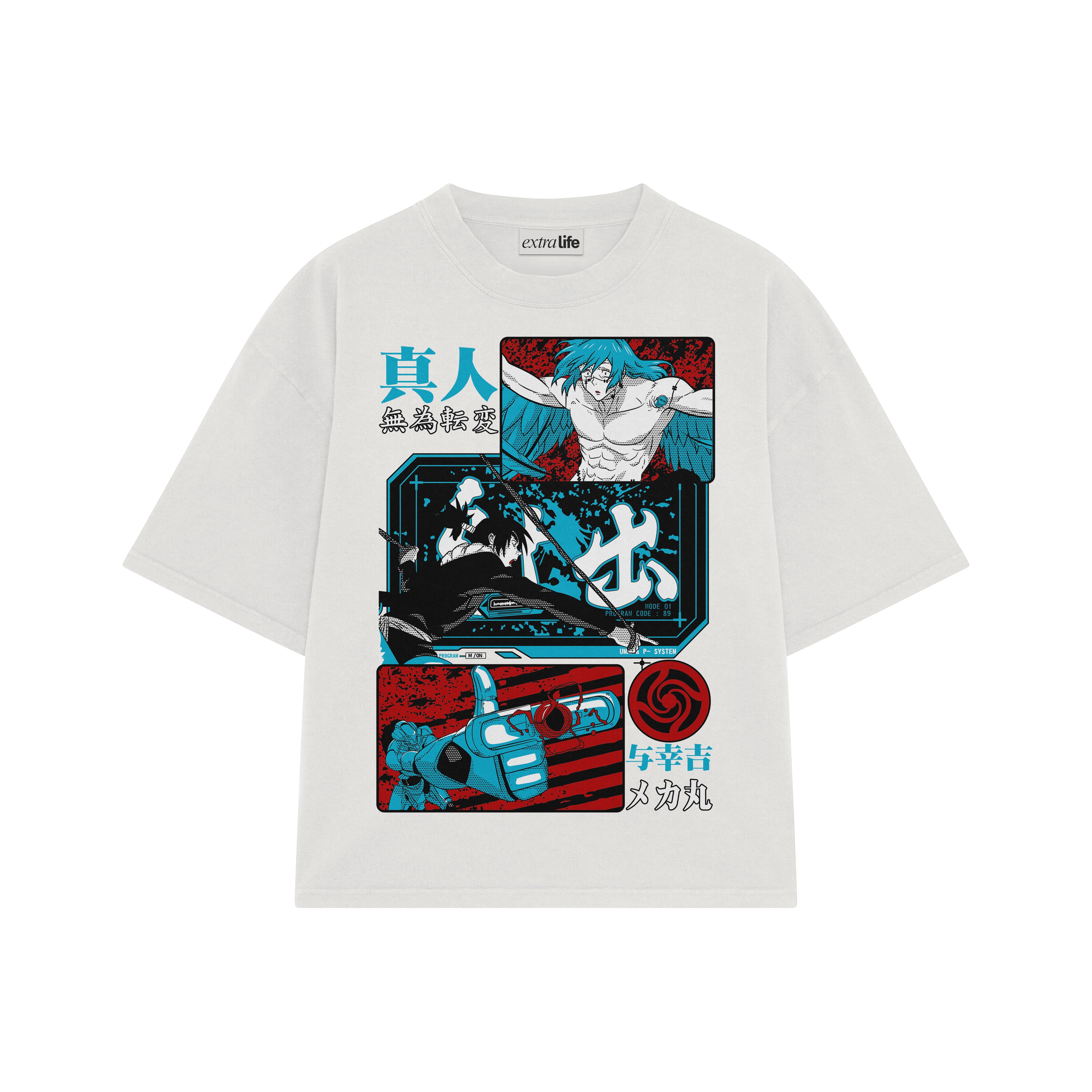 Playera streetwear premium de anime y gaming ExtraLife MX, corte boxy oversized drop shoulder heavyweight en color Deep Black y Off-White, moda urbana mexicana de culto.