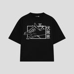Playera streetwear premium de anime y gaming ExtraLife MX, corte boxy oversized drop shoulder heavyweight en color Deep Black y Off-White, moda urbana mexicana de culto.